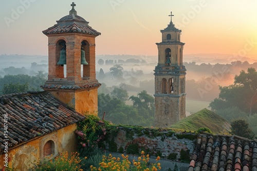 A colorful bell tower with a beautiful view of the cityscape photo