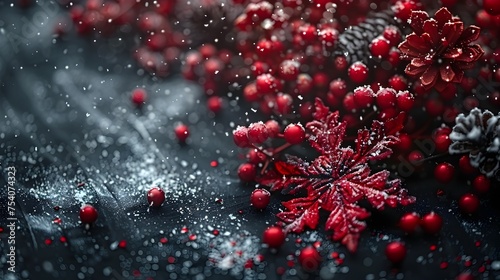 New Year Concept Close-up of Red Snowflakes and Berries on Black Table - Christmas Decoration