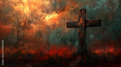 Wooden Cross Engulfed in Apocalyptic Flames A Dark Christian Art Masterpiece