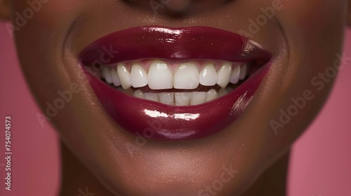 Womans Radiant Smile with Plum Lipstick and Sparkling White Teeth