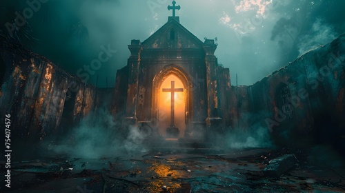 Abandoned Church at Night with Glowing Cross in Misty Atmosphere