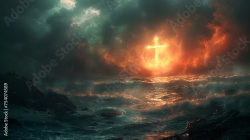 Divine Cross Illuminating Stormy Ocean at Dusk