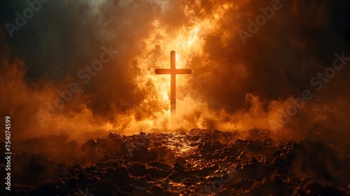 Fire Cross Glowing in Dark Sky over Sea of Flames and Smoke - Biblical Imagery