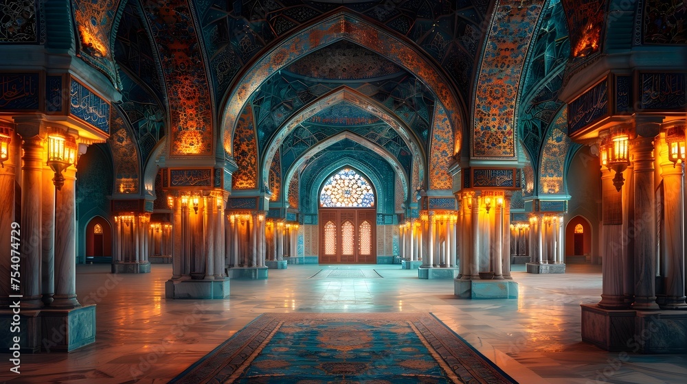 Intricately Patterned Mosque Interior with Vibrant Hues and Glowing Lanterns