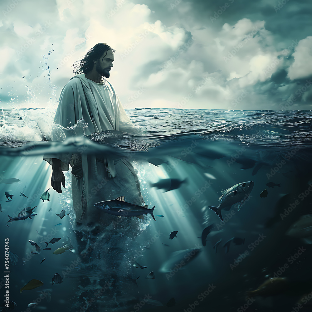 Keep the hyper-realistic cinematic high resolution of Jesus walking on water in a storm, seen from underwater with fish and sea animals - obrazy, fototapety, plakaty 