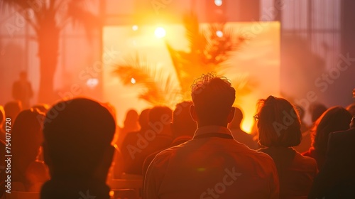 Crowd Gathered at Stage During Golden Hour, To convey a lively and engaging atmosphere during an open-air press conference or a design summit