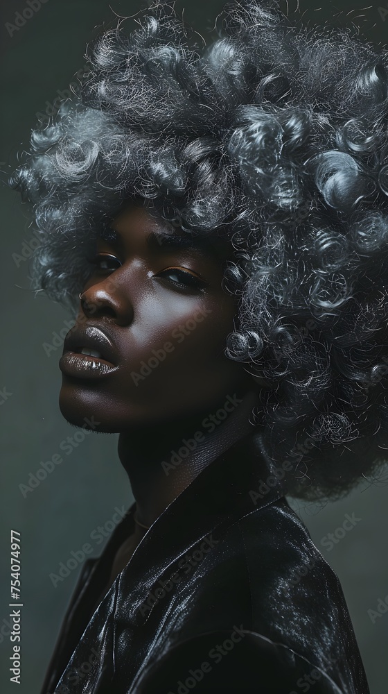 Stylish Black Woman with Silver Curls Poses for Fashion Photography Stylish Black Woman with Silver Curls Poses for Fashion Photography