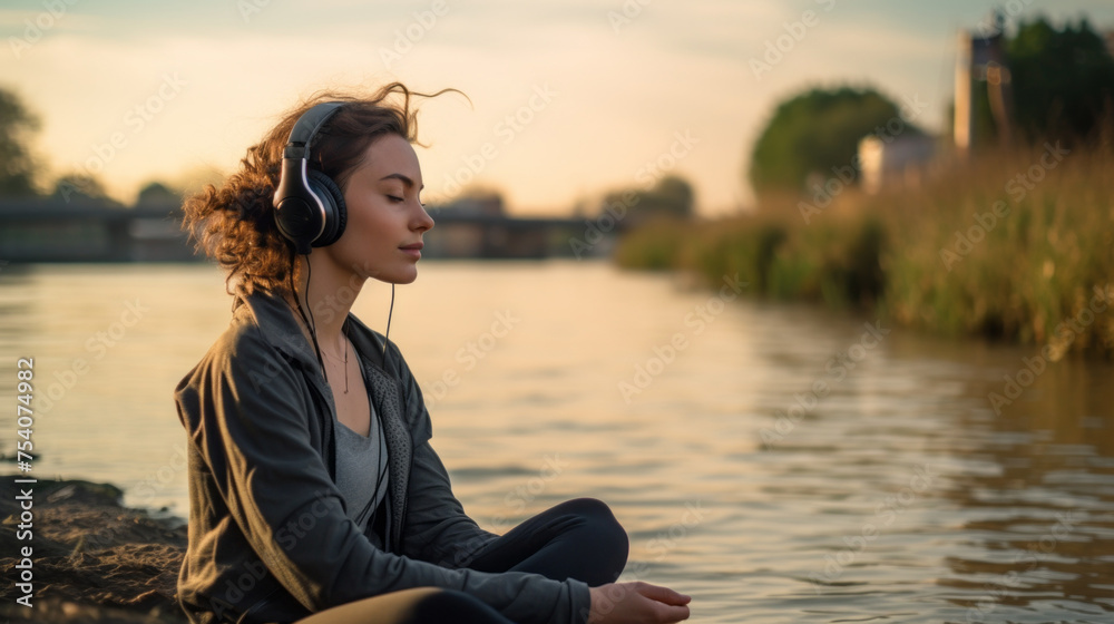 A young happy Woman with headphones trains, Meditates, does yoga by the river. Running, Exercise, Sports, Summer, Workout, Healthy lifestyle concepts.