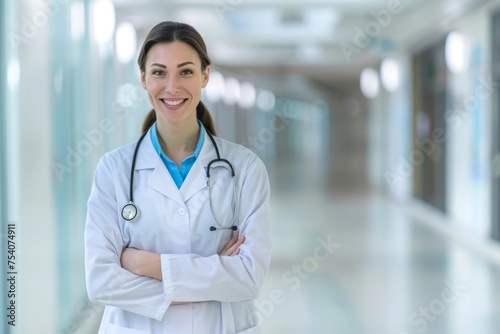 A smiling white female doctor in a hospital corridor