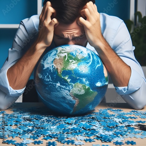 Frustrated office worker male man grabbing his head, a jigsaw earth globe in front of him, insurmountable ecological environment problems concept