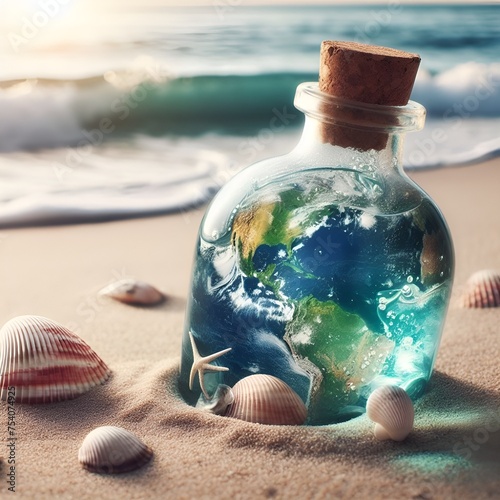 Blue Earth planet inside a corked bottle washed ashore on a beach on the seashore, Treasure washed ashore concept photo