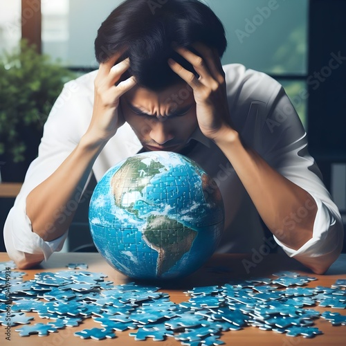 Frustrated office worker male man grabbing his head, a jigsaw earth globe in front of him, insurmountable ecological environment problems concept photo
