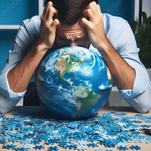 Frustrated office worker male man grabbing his head, a jigsaw earth globe in front of him, insurmountable ecological environment problems concept photo