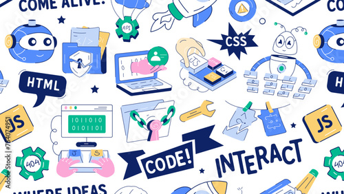 Web development vector in doodle style with various programming elements 