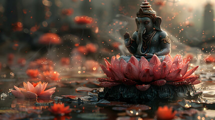 AI Generated Image of Ganesha on Lotus in Water, To provide a visually stunning and spiritually significant image for use in digital media,