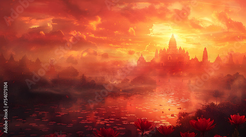 Red Sunset Over Ancient Indian City with Lotus Flowers, To evoke emotions of nostalgia and romance through a dreamy and cinematic depiction of an