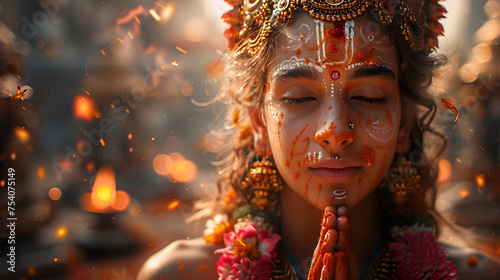 A Young Woman Dressed as Hindu Goddess Shiva in Prayer at Kedarnath Temple, To convey the feeling of spirituality, culture, and connection to the photo