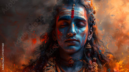 Epic Lord Shiva Portrait in Digital Art with Blue Skin, Fire, and Meditation - Cinematic Lighting