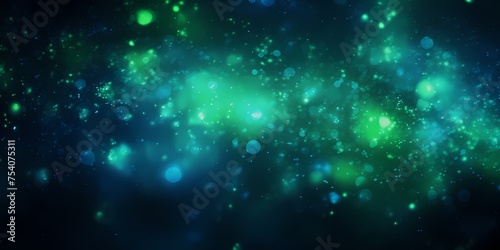 Vibrant green and blue lights dancing on a dark color gradient background, with a grainy black backdrop adding texture and depth.