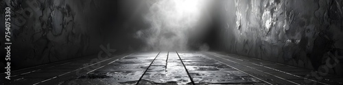 High-Res Black Wooden Track in Mysterious, Old Abandoned Tunnel with Light Rays and Fog