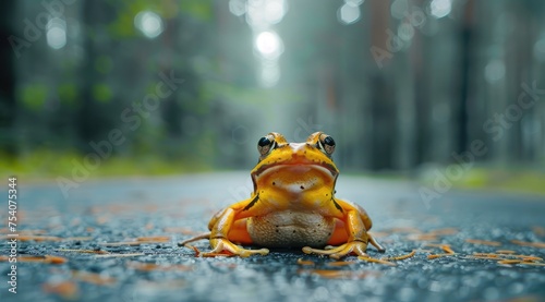 Frog standing on the road near forest at early morning or evening time. Road hazards, wildlife and transport.