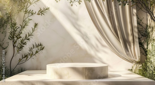 Product display podium for natural product. Empty scene with olive tree branch cosmetic mockup clean