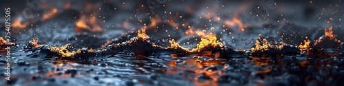 Contrasting Elements Fire and Rain on a Wet Surface, To create a visually appealing and intense contrast between the elements of fire and water,
