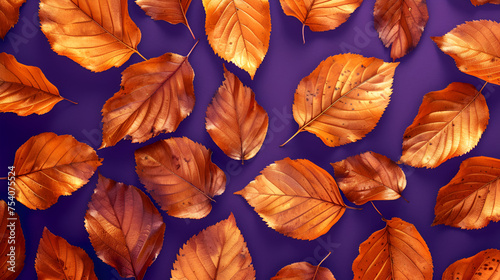 Pattern of dry orange metallic leaves on violet background. generative ai