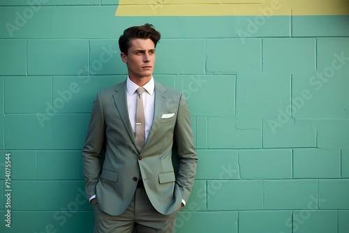 With a mint-colored solid wall as the backdrop, the young gentleman model showcases sophistication and grace in business attire.