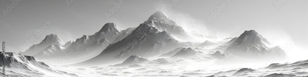 Grayscale Mountain Range Shrouded in Mist and Snow, To provide an epic ...