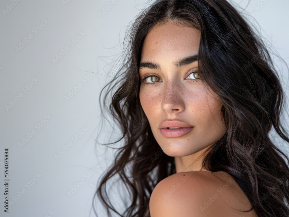 Beauty portrait of a natural young woman with a soft grey copy space background Beauty portrait of a natural young woman with a soft grey copy space background