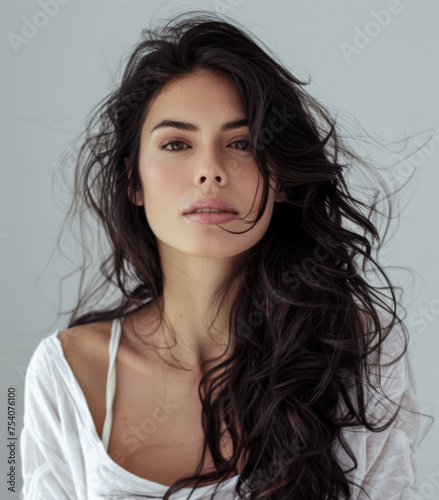 Beauty portrait of a natural young woman with a soft grey copy space background