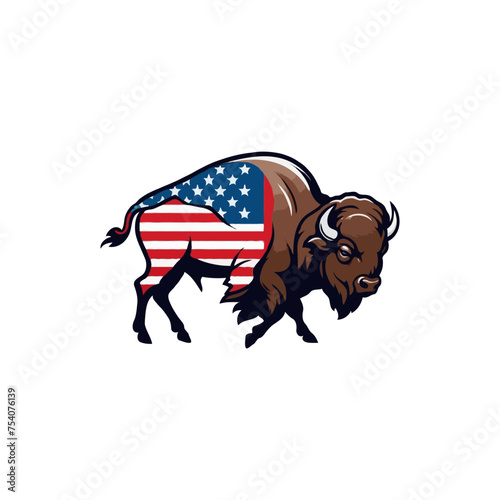 Creative American Bison vector logo design. Wild buffalo bull and American Flag. bison mascot illustration logo design
