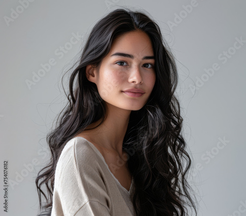 Beauty portrait of a natural young woman with a soft grey copy space background