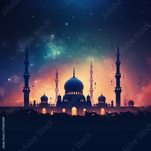 mosque silhouettes and gradient galaxy background for ramadan © RaziB