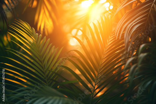 Vibrant sunny backdrop palm leaves with golden sun light. Neural network generated in January 2024. Not based on any actual scene or pattern. © lucky pics