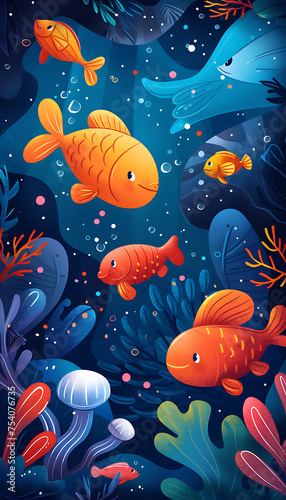 Oceanic and Aquatic Life: Depictions of underwater environments, marine animals, and coastal themes, rendered in a whimsical cartoon aesthetic through simple and charming illustrations.