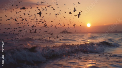 The tranquil scene of twilight over the sea, with starlings flying in murmuration patterns against the fading light. 8k