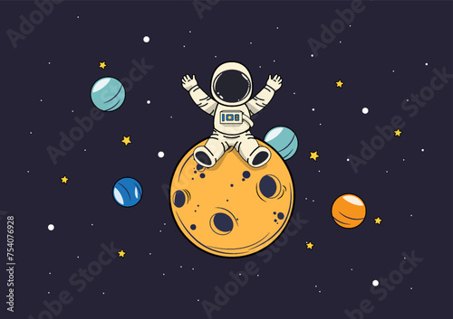 Cartoon illustration of an astronaut seated on the moon, surrounded by planets and stars. the adventurous spirit of space exploration, with the astronaut gazing at the cosmos. cartoon and vector