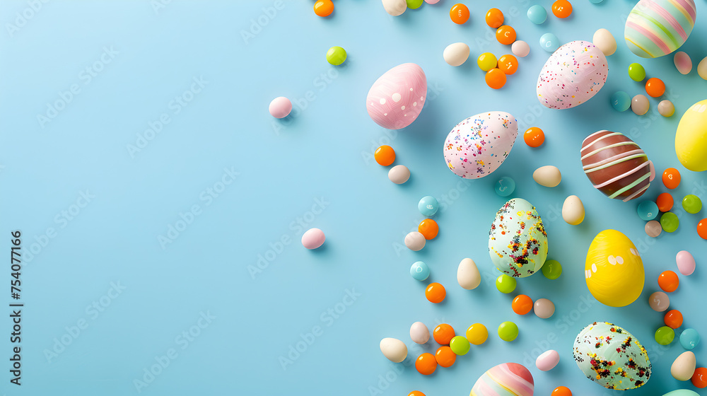 Multicolor Easter eggs on mint background, space for text holiday preparation Multi colors Easter eggs on colored background . Pastel color Easter eggs. holiday concept.