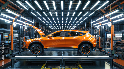 A car production line with an orange SUV on the assembly platform