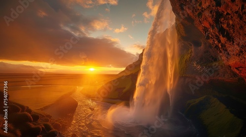 The sun setting over a waterfall in a volcanic landscape, with the last light of the day illuminating steam and mist for a dramatic effect. 8k © Muhammad