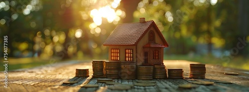Miniature red-roofed house model surrounded by piles of coins in a serene outdoor setting, illustrating home financing and savings. photo