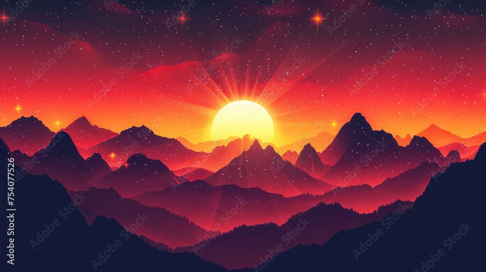The sun setting behind a silhouette of jagged mountains, with the sky transitioning from bright orange to deep red, and the first stars beginning to twinkle in the emerging twilight. 8k