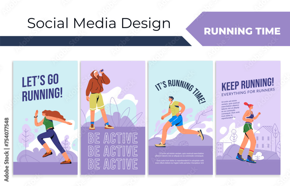 Social media story set with running people concept - obrazy, fototapety, plakaty 
