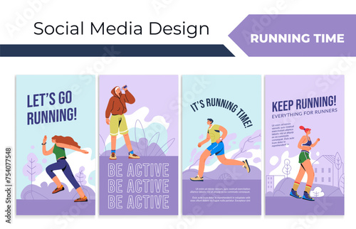 Social media story set with running people concept