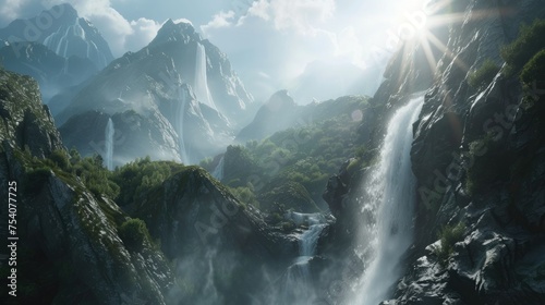 The sun peeking through the peaks of an alpine landscape, creating sun flares and illuminating a waterfall as it flows down a rocky cliff. 8k