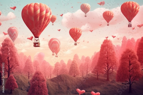 A group of hot air balloons  floating in the air over a forest  Vintage style 3D illustration of Valentine s day background  Ai generated
