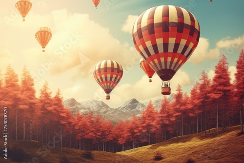 A group of hot air balloons floating in the air over a forest, Vintage style 3D illustration of Valentine's day background, Ai generated