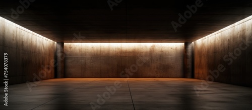 An empty room, bathed in dim light from a source at the end. The space is dark, with concrete walls and a smooth floor.